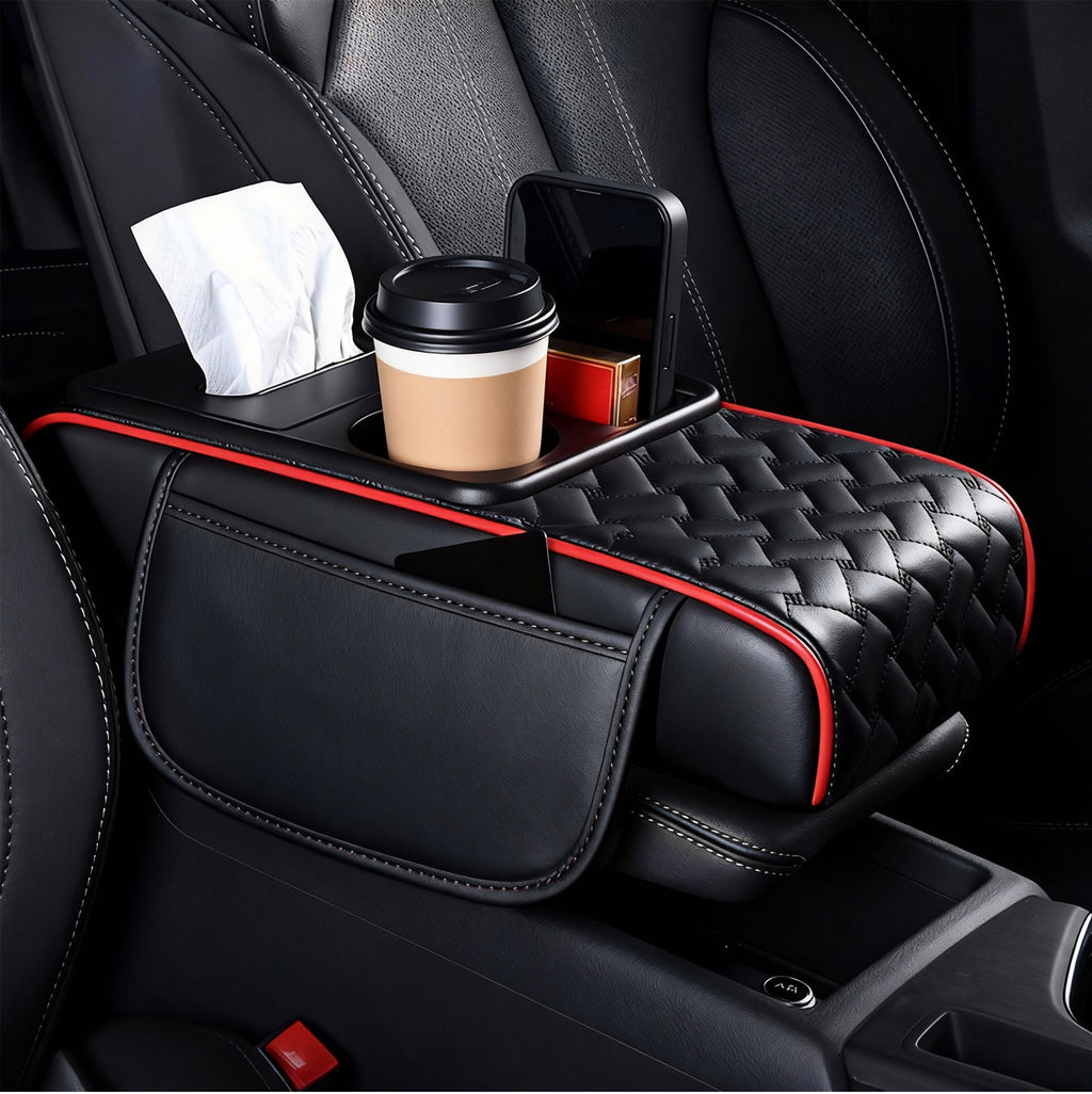 Car Center Console Cover, Armrest Pad with 2 Storage Pockets, Cup Holder, Tissue Box Slot, Phone Holder, Universal fit