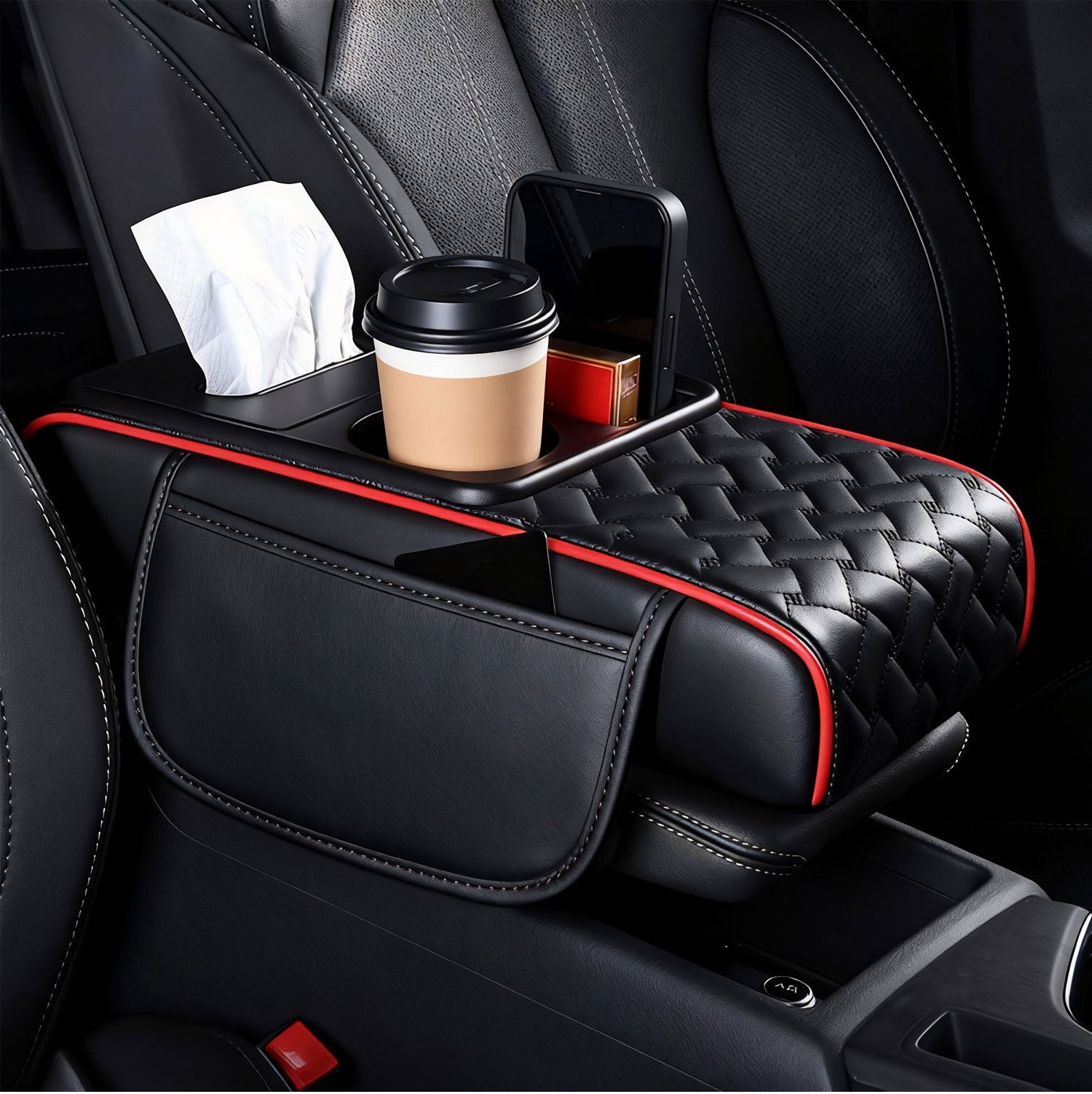 Car Center Console Cover, Armrest Pad with 2 Storage Pockets, Cup Holder, Tissue Box Slot, Phone Holder, Universal fit