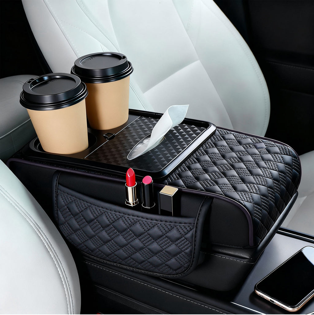 Car Center Console Cover, Armrest Pad with 2 Storage Pockets, Cup Holder, Tissue Box Slot, Phone Holder, Universal fit