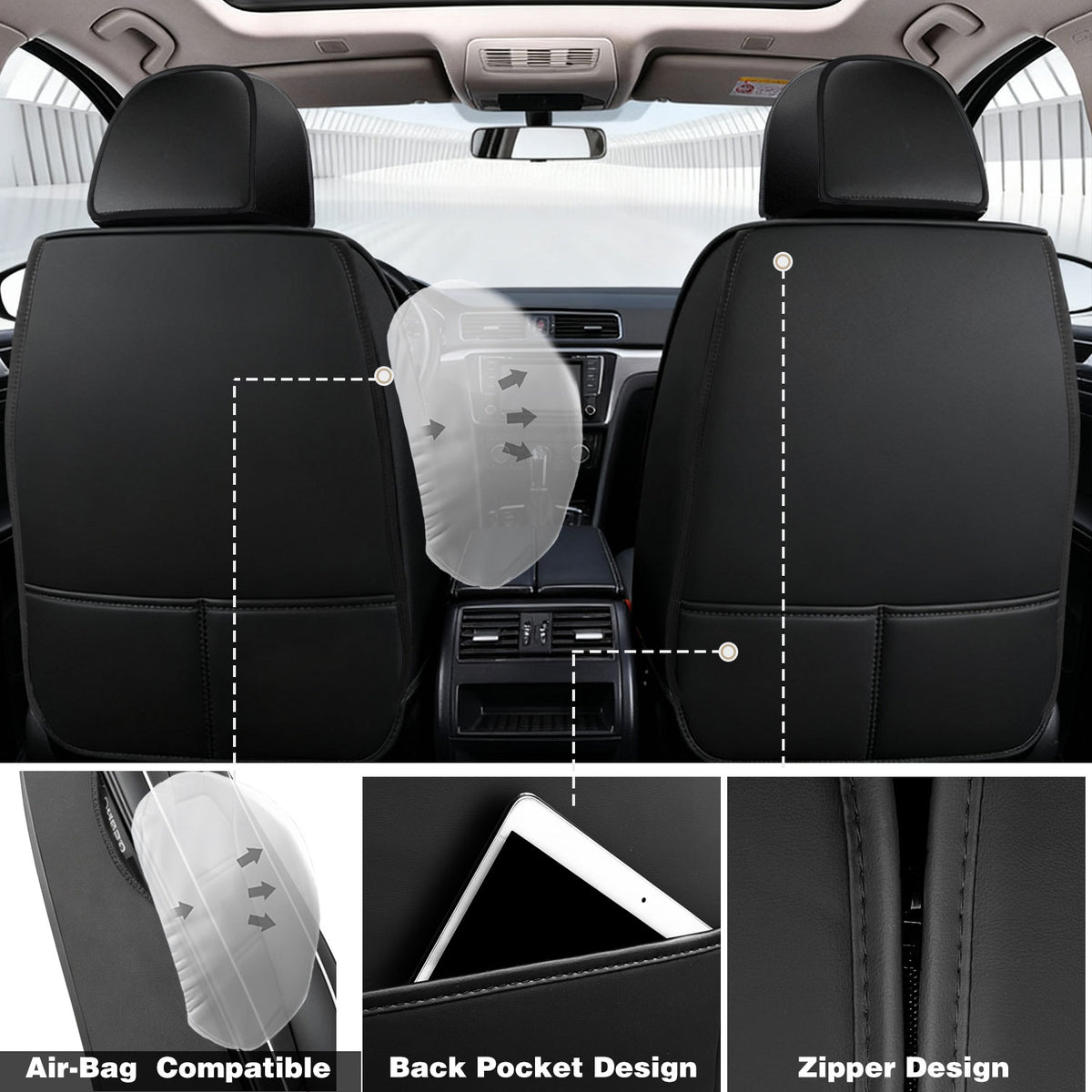 Premium Leather Seat Covers with Headrest & Lumbar Support – Universal Fit, Water Resistant, Side Airbag Compatible – Automotive Interior Accessories for Cars, SUVs & Pickups