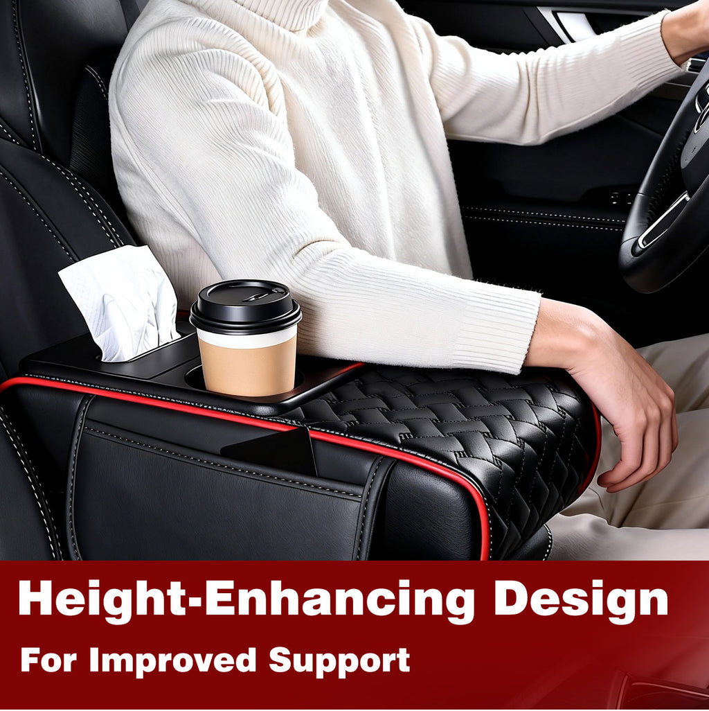 Car Center Console Cover, Armrest Pad with 2 Storage Pockets, Cup Holder, Tissue Box Slot, Phone Holder, Universal fit