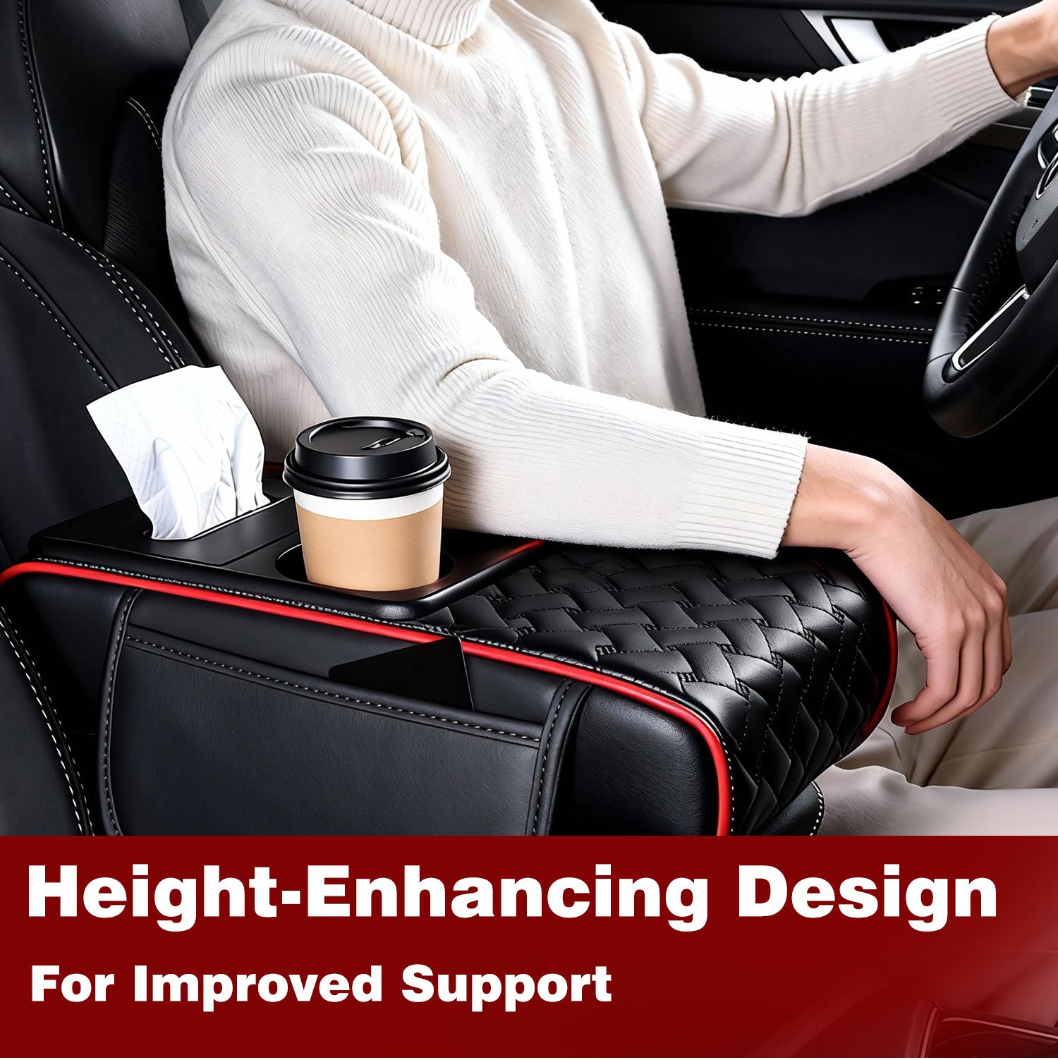Car Center Console Cover, Armrest Pad with 2 Storage Pockets, Cup Holder, Tissue Box Slot, Phone Holder, Universal fit