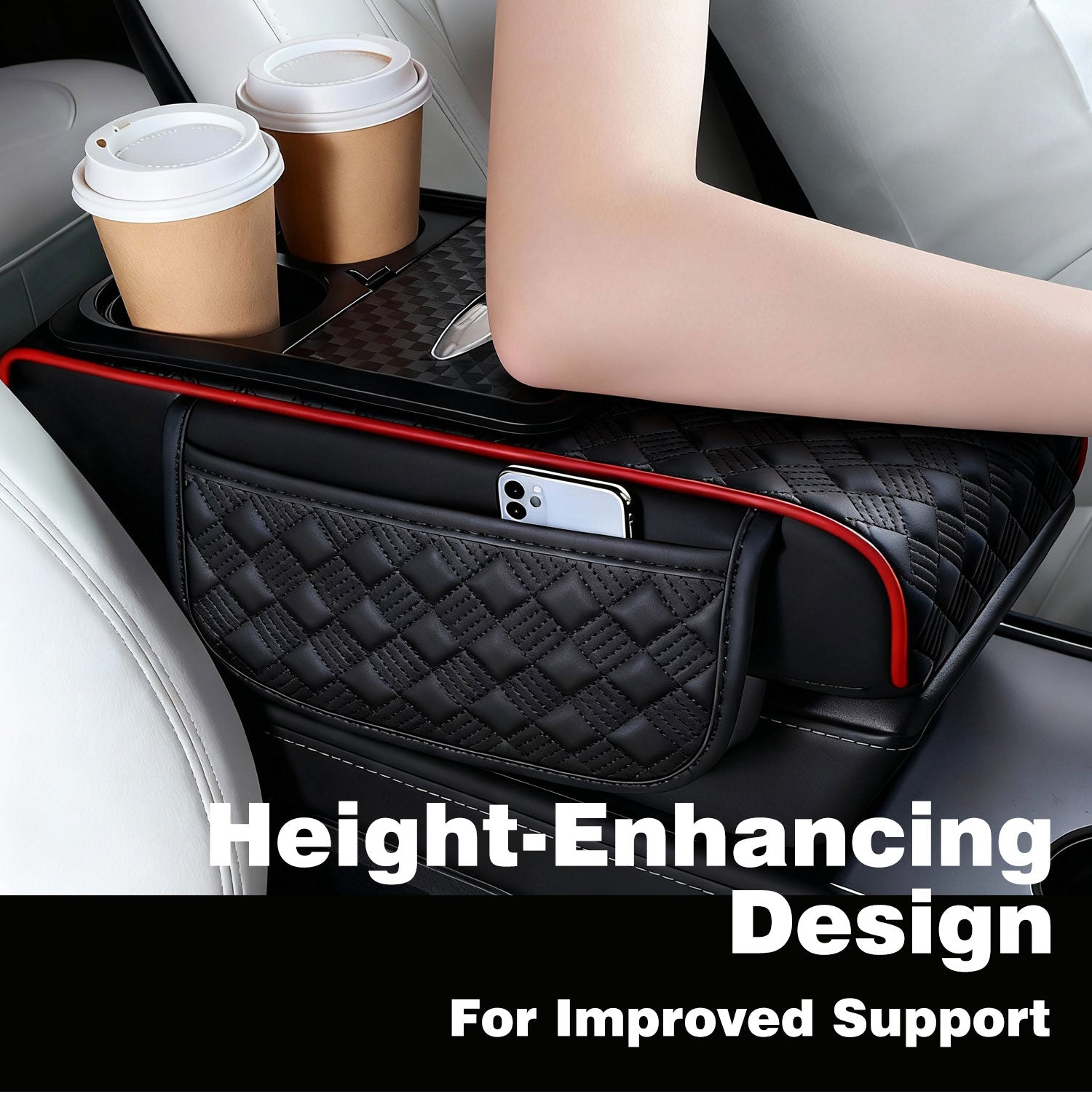 Car Center Console Cover, Armrest Pad with 2 Storage Pockets, Cup Holder, Tissue Box Slot, Phone Holder, Universal fit