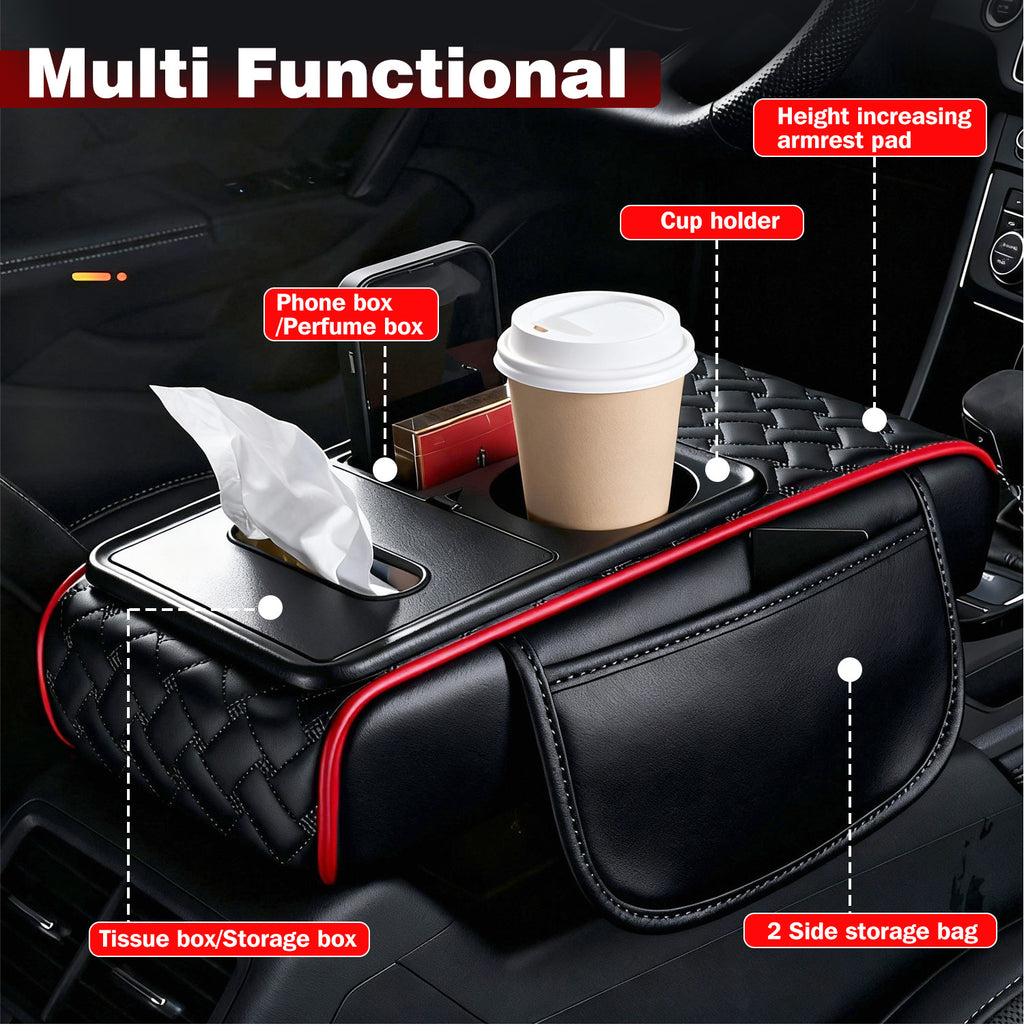 Car Center Console Cover, Armrest Pad with 2 Storage Pockets, Cup Holder, Tissue Box Slot, Phone Holder, Universal fit