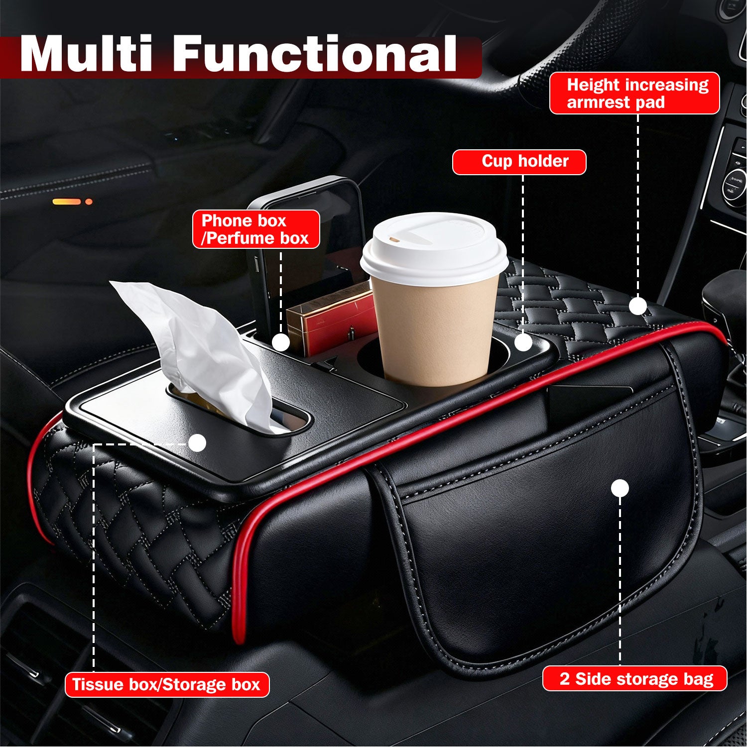 Car Center Console Cover, Armrest Pad with 2 Storage Pockets, Cup Holder, Tissue Box Slot, Phone Holder, Universal fit
