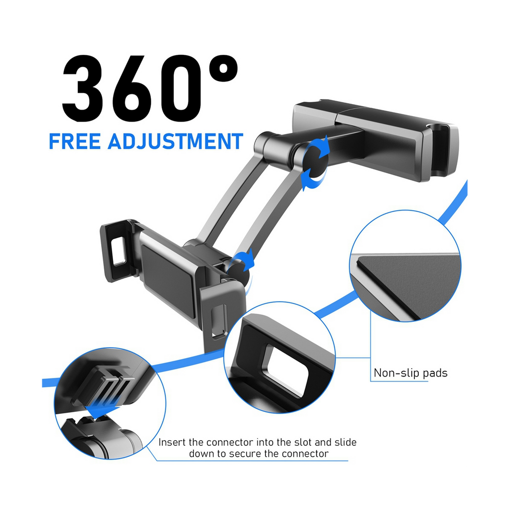Tablet Holder for Car Headrest, Adjustable Phone Mount for Car Back Seat,Secure and Stable, Suitable for 5-12.9 inches Devices, Adjustable Distance,Viewing Angle,Rotating Screen