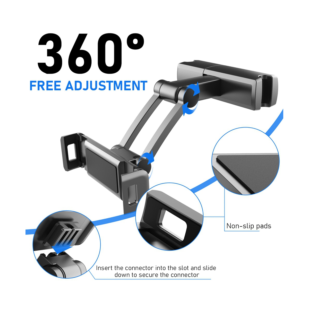 Tablet Holder for Car Headrest, Adjustable Phone Mount for Car Back Seat,Secure and Stable, Suitable for 5-12.9 inches Devices, Adjustable Distance,Viewing Angle,Rotating Screen