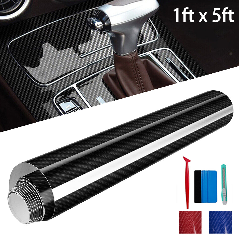 Carbon Fiber Vinyl Wrap 6D Gloss Black, Self Adhesive Car Wrap Film with Air Release Technology, Automotive DIY Vinyl Sticker for Car Motorcycle Interior Exterior, 1ft x 5ft with Tool Kits