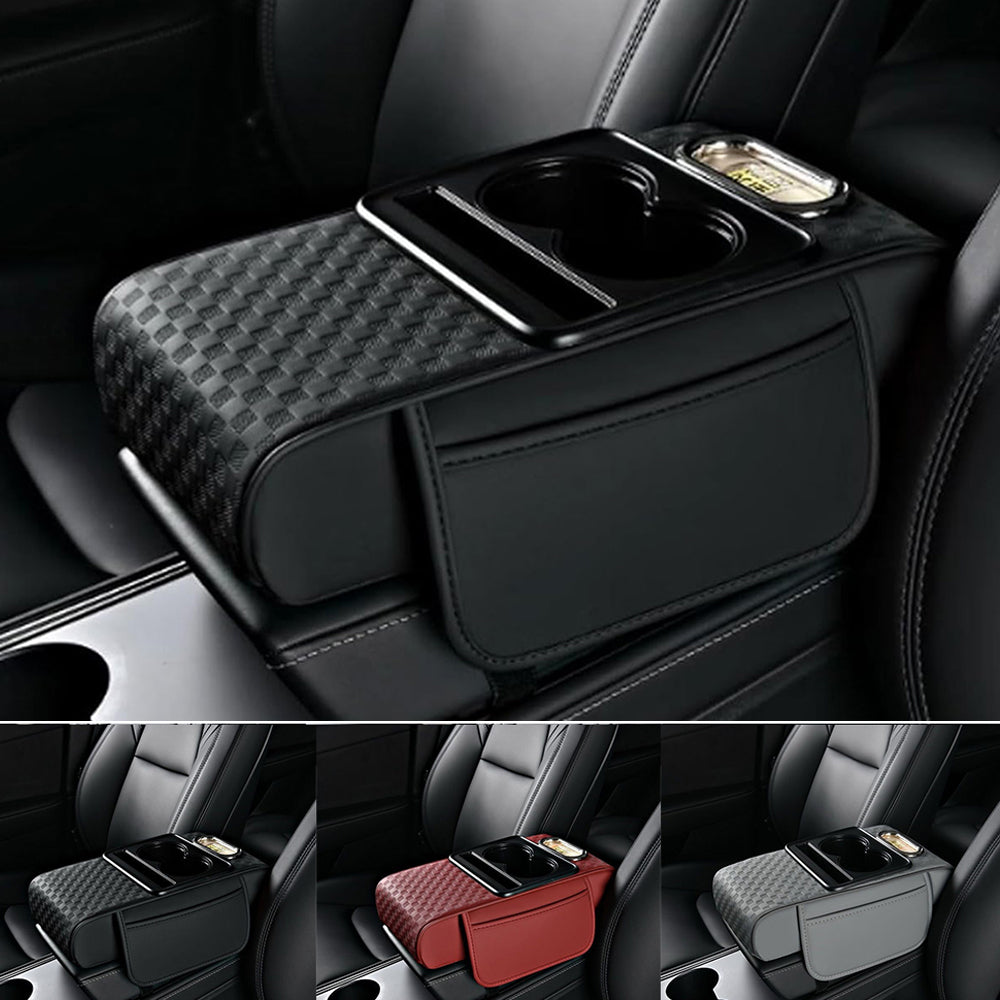 Car Center Console Cover, Armrest Pad with 2 Storage Pockets, Cup Holder, Tissue Box Slot, Phone Holder, Universal fit