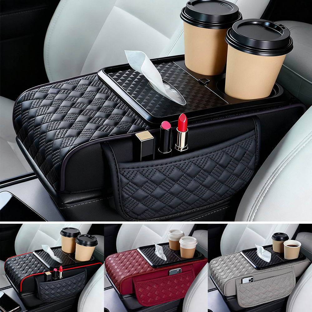 Car Center Console Cover, Armrest Pad with 2 Storage Pockets, Cup Holder, Tissue Box Slot, Phone Holder, Universal fit