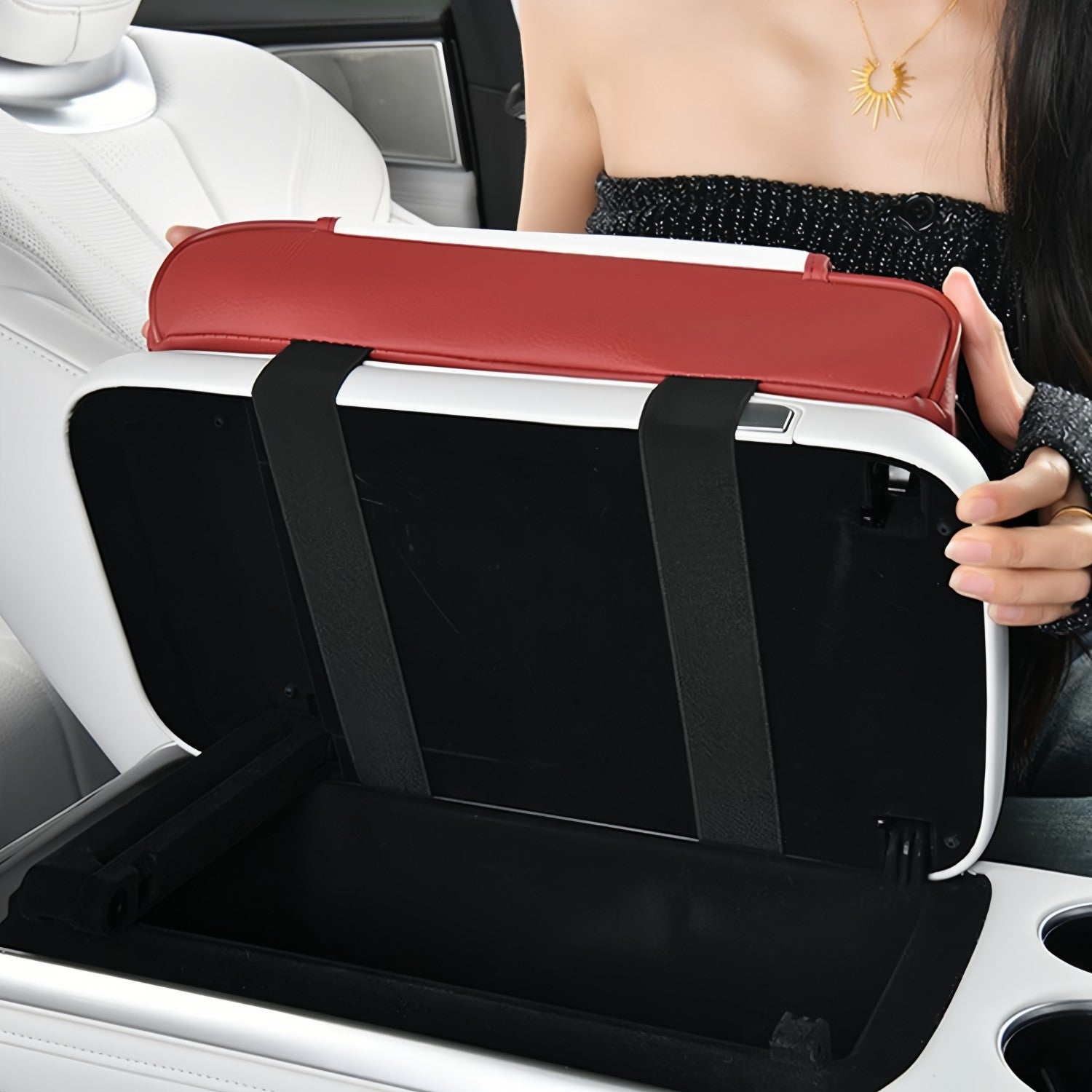 Car Center Console Cover, Armrest Pad with USB LED Light Projection 2 Storage Pockets, Cup Holder, Tissue Box Slot, Universal fit