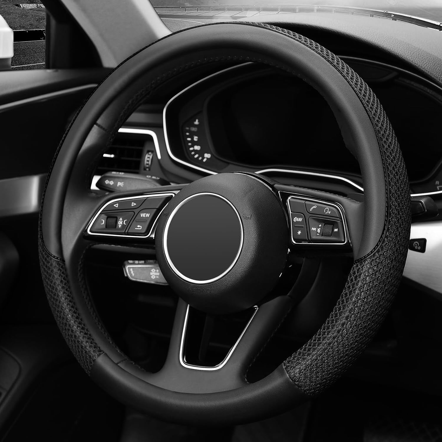Steering Wheel Cover, Cooling Ice Silk Mesh with Microfiber Leather, Ultra Breathable, Anti Slip Car Grip, Heat Resistant Summer Cool, 14.5-15 inch Universal Fit