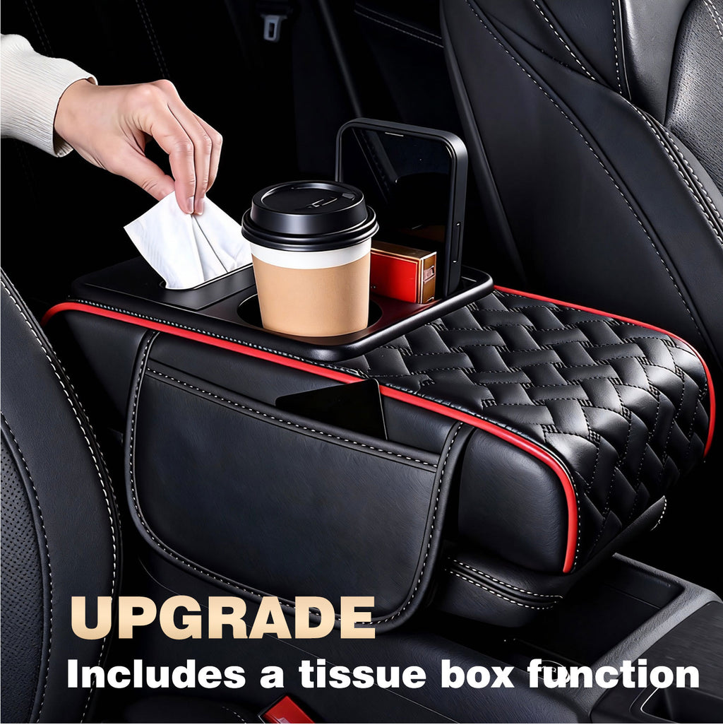 Car Center Console Cover, Armrest Pad with 2 Storage Pockets, Cup Holder, Tissue Box Slot, Phone Holder, Universal fit