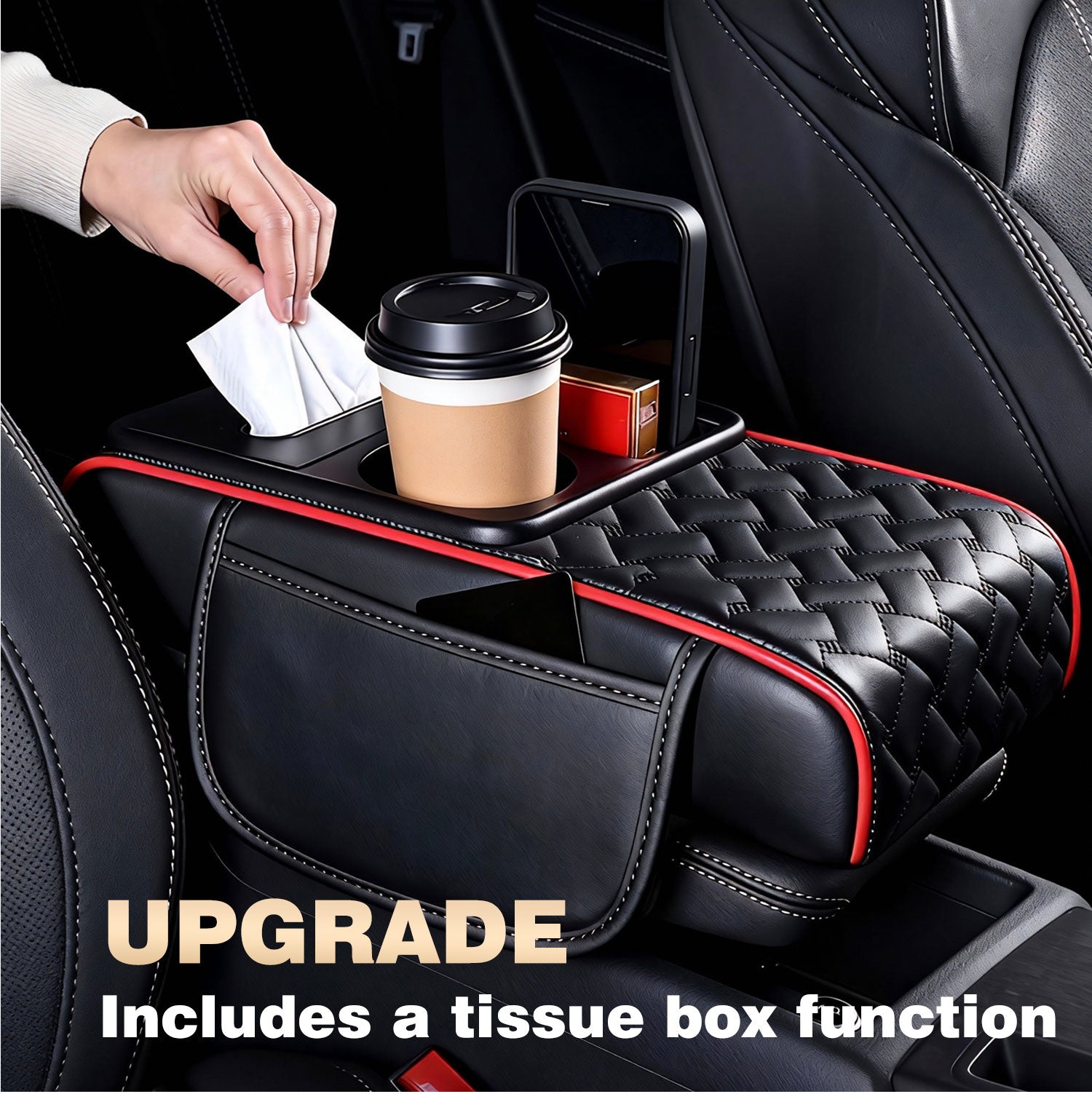 Car Center Console Cover, Armrest Pad with 2 Storage Pockets, Cup Holder, Tissue Box Slot, Phone Holder, Universal fit
