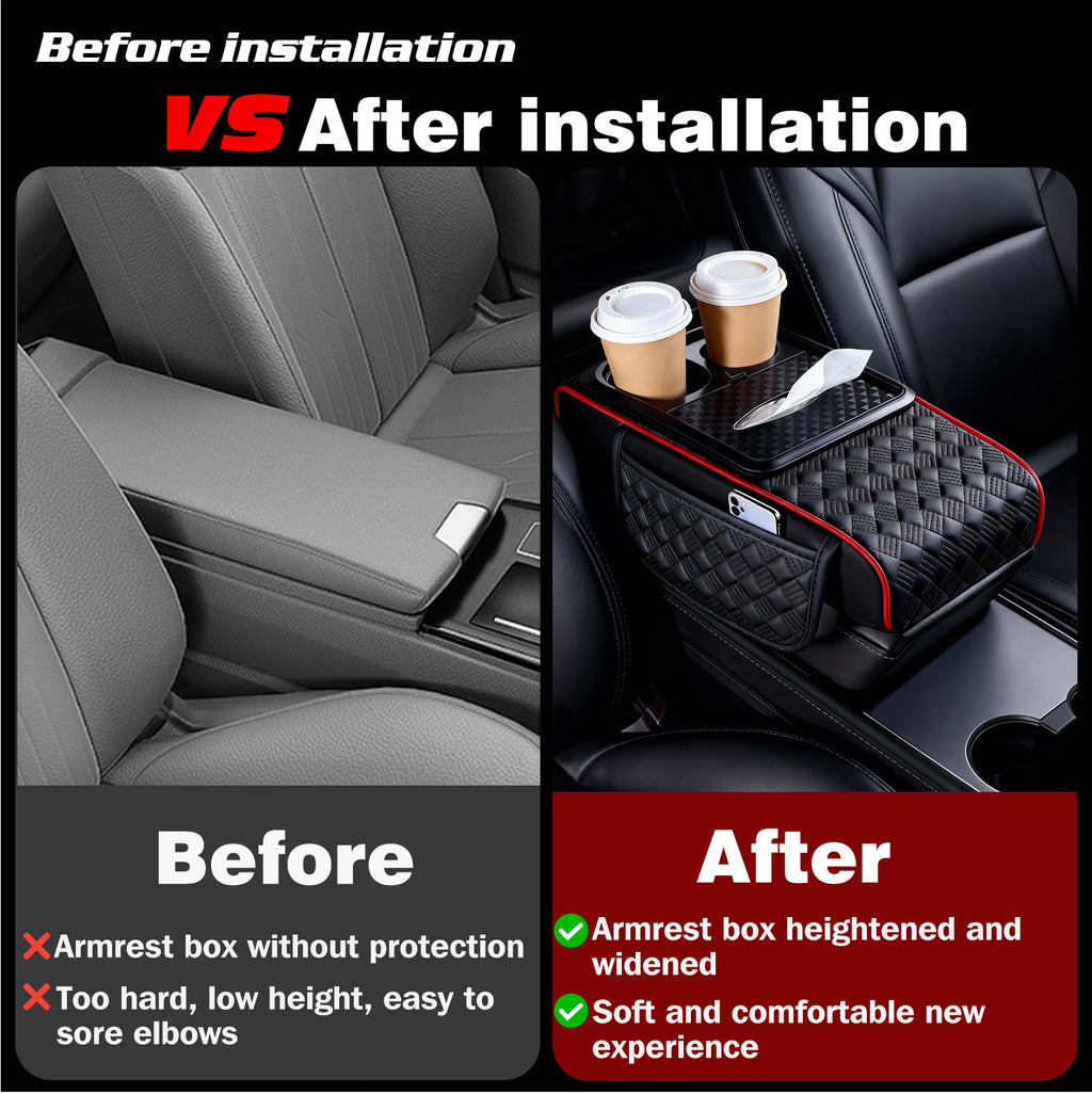 Car Center Console Cover, Armrest Pad with 2 Storage Pockets, Cup Holder, Tissue Box Slot, Phone Holder, Universal fit