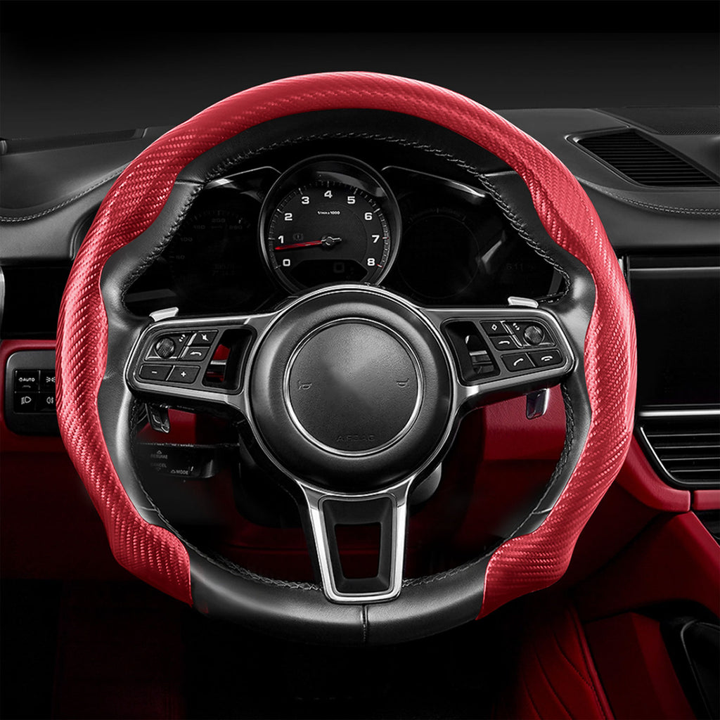 [10% off your first order]-Leather Carbon Fiber Steering Wheel Cover, Carbon Fiber Pattern Non-Slip Vehicle Universal Fit for 14.5-15In O/D Type Anti-Slip Durable Interior Upgrade Comfort Grip for Cars Trucks SUVs