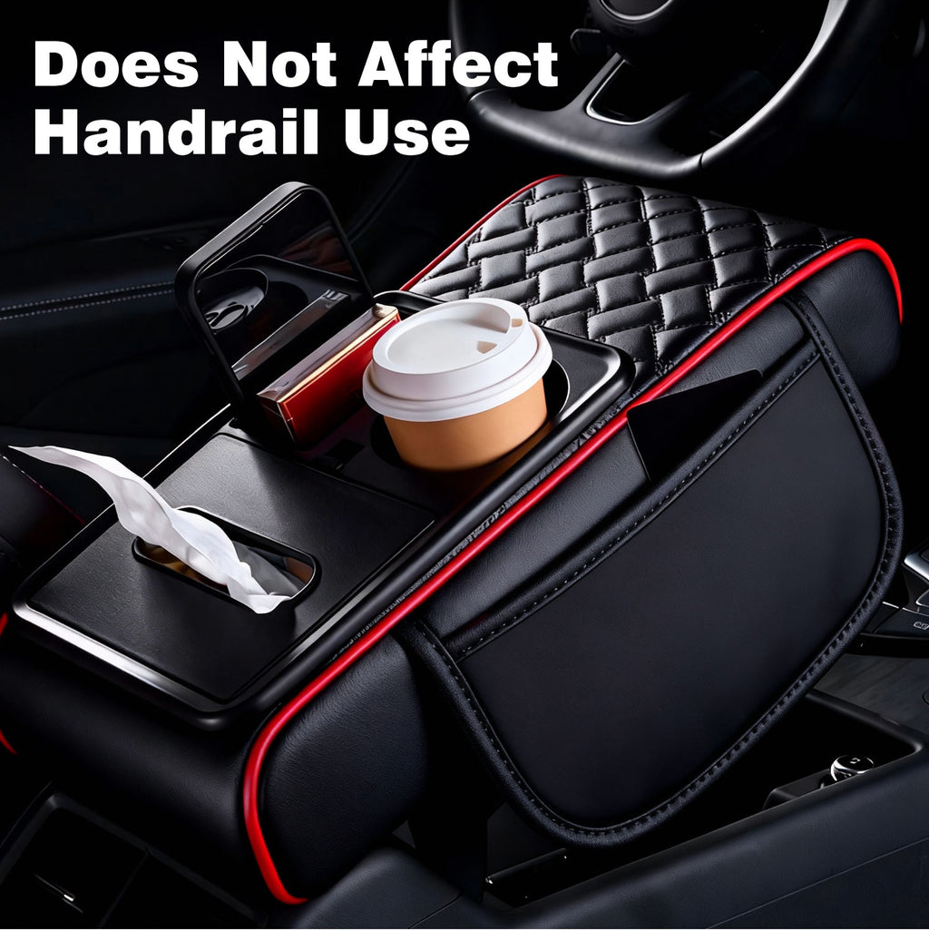 Car Center Console Cover, Armrest Pad with 2 Storage Pockets, Cup Holder, Tissue Box Slot, Phone Holder, Universal fit