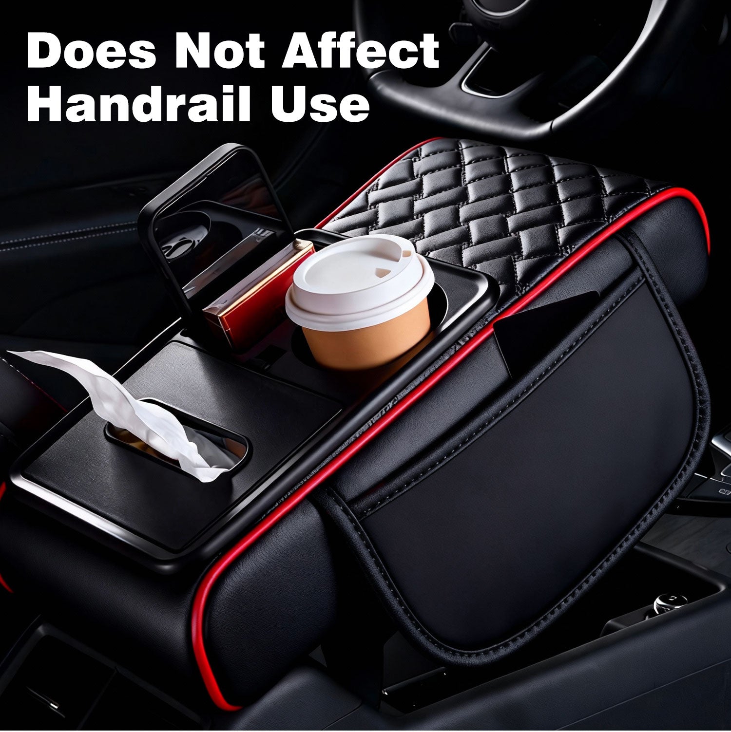 Car Center Console Cover, Armrest Pad with 2 Storage Pockets, Cup Holder, Tissue Box Slot, Phone Holder, Universal fit