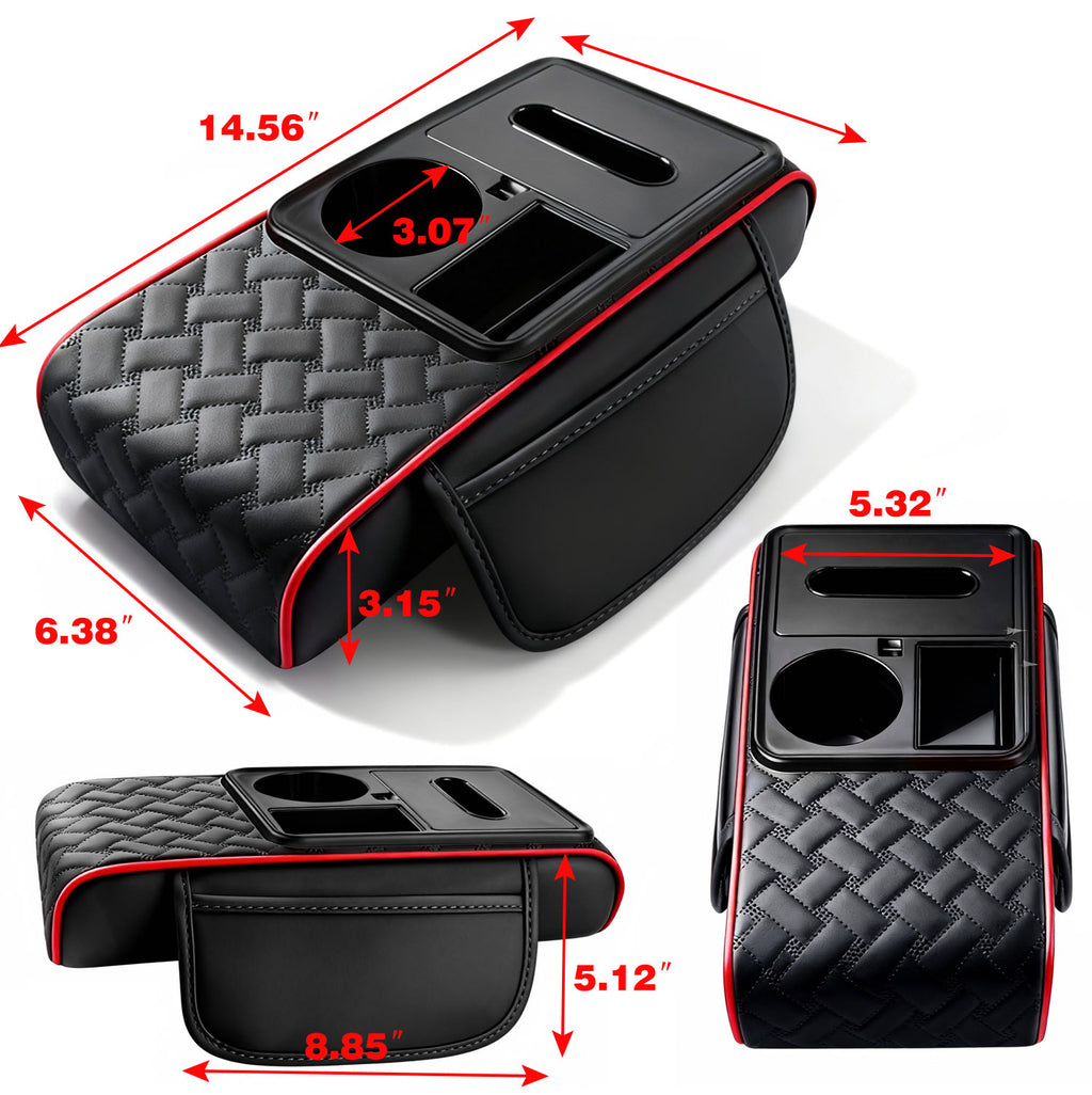 Car Center Console Cover, Armrest Pad with 2 Storage Pockets, Cup Holder, Tissue Box Slot, Phone Holder, Universal fit