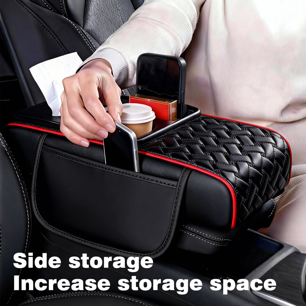 Car Center Console Cover, Armrest Pad with 2 Storage Pockets, Cup Holder, Tissue Box Slot, Phone Holder, Universal fit