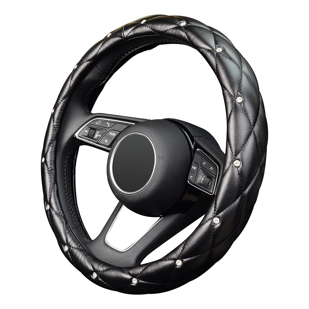 Leather Steering Wheel Cover, Studded Bling Diamond Steering Wheel Protector, Universal 14.5-15"