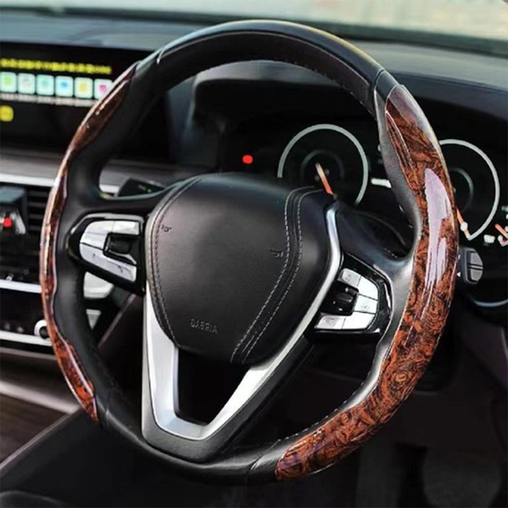 Wood Grain Steering Wheel Cover, Anti-Slip Segmented Car Interior Grip, Easy-Install Protector for 14.5–15 Inch Round Steering Wheels, Brown or Red