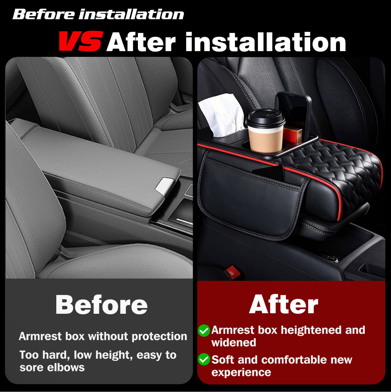 Car Center Console Cover, Armrest Pad with 2 Storage Pockets, Cup Holder, Tissue Box Slot, Phone Holder, Universal fit