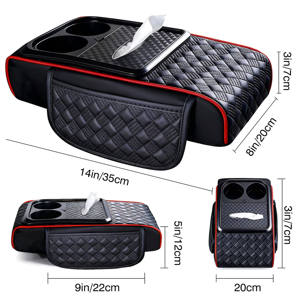 Car Center Console Cover, Armrest Pad with 2 Storage Pockets, Cup Holder, Tissue Box Slot, Phone Holder, Universal fit