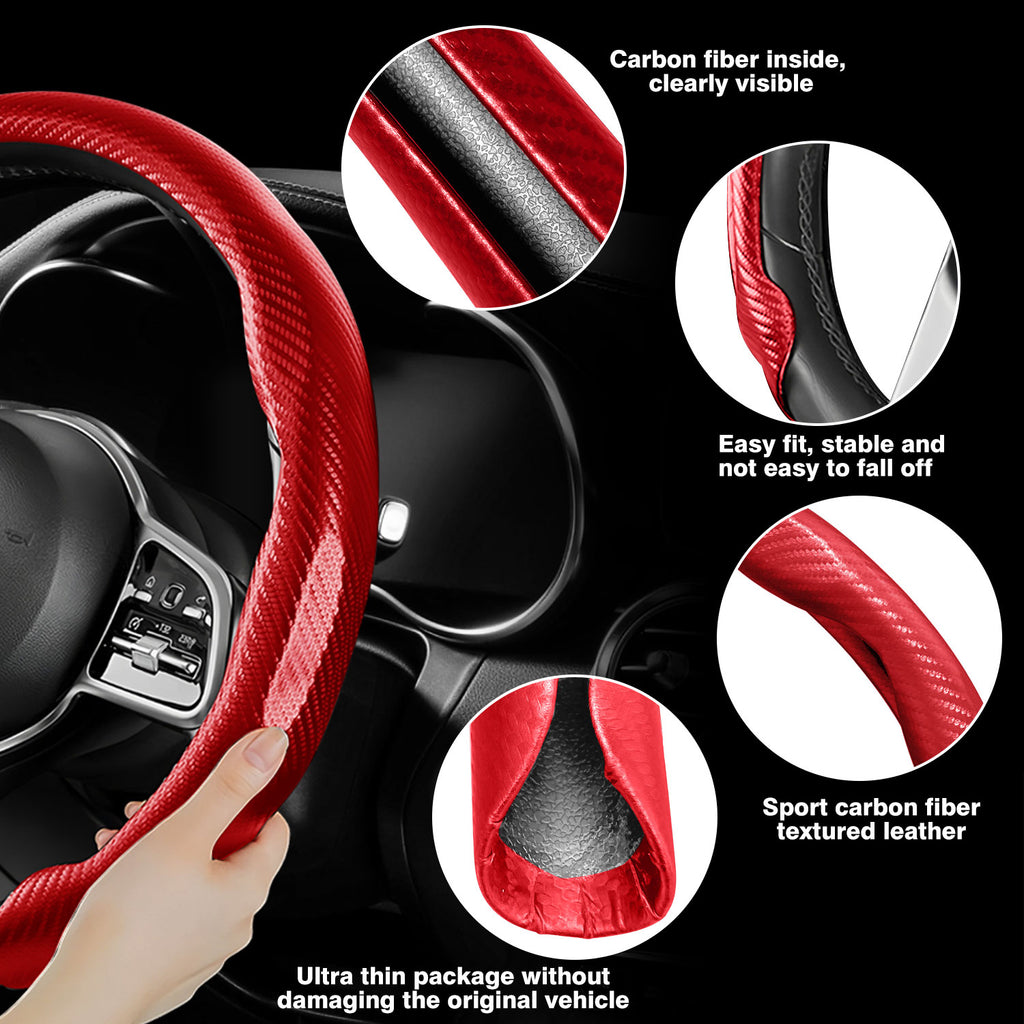 [10% off your first order]-Leather Carbon Fiber Steering Wheel Cover, Carbon Fiber Pattern Non-Slip Vehicle Universal Fit for 14.5-15In O/D Type Anti-Slip Durable Interior Upgrade Comfort Grip for Cars Trucks SUVs