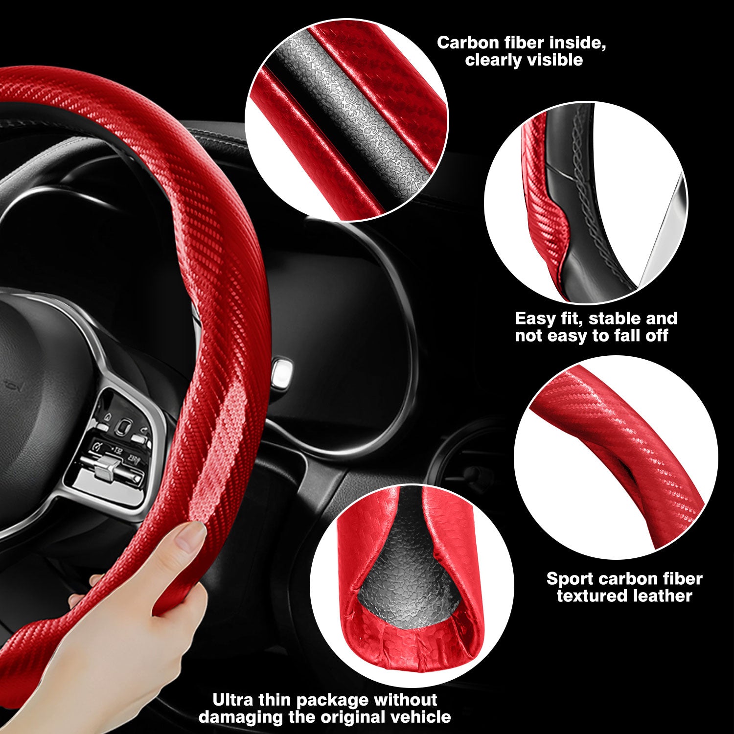 [10% off your first order]-Leather Carbon Fiber Steering Wheel Cover, Carbon Fiber Pattern Non-Slip Vehicle Universal Fit for 14.5-15In O/D Type Anti-Slip Durable Interior Upgrade Comfort Grip for Cars Trucks SUVs