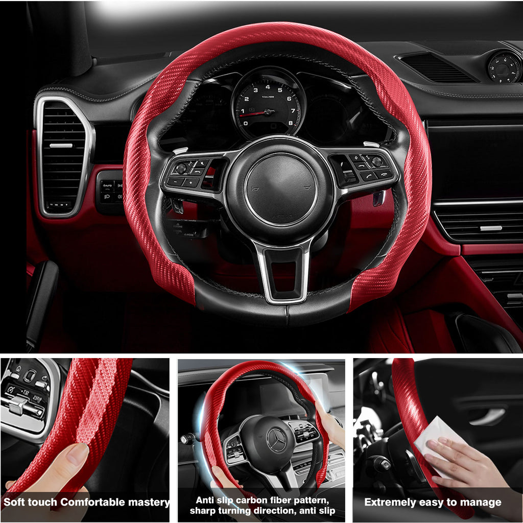 [10% off your first order]-Leather Carbon Fiber Steering Wheel Cover, Carbon Fiber Pattern Non-Slip Vehicle Universal Fit for 14.5-15In O/D Type Anti-Slip Durable Interior Upgrade Comfort Grip for Cars Trucks SUVs