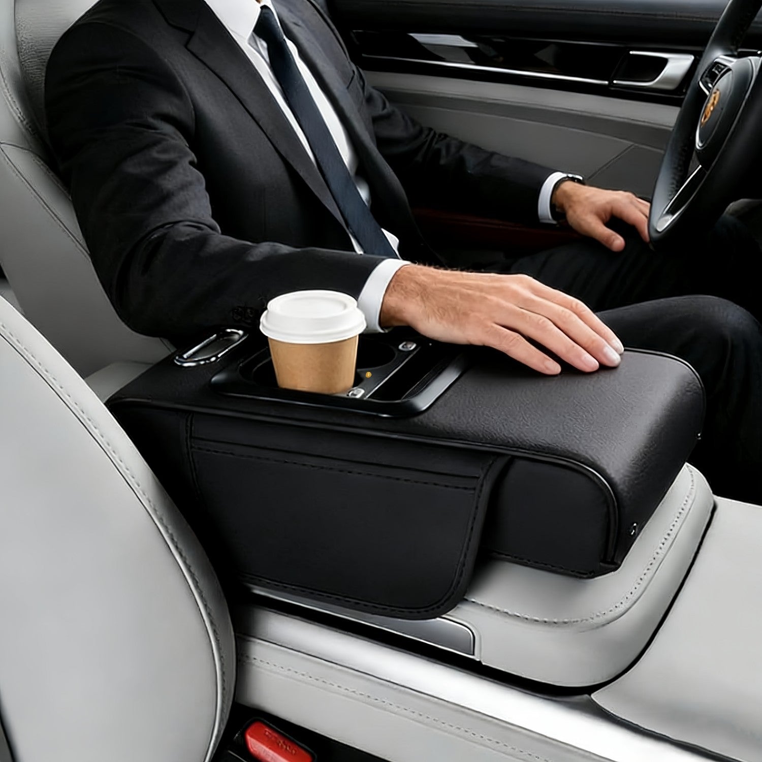 Car Center Console Cover, Armrest Pad with USB LED Light Projection 2 Storage Pockets, Cup Holder, Tissue Box Slot, Universal fit