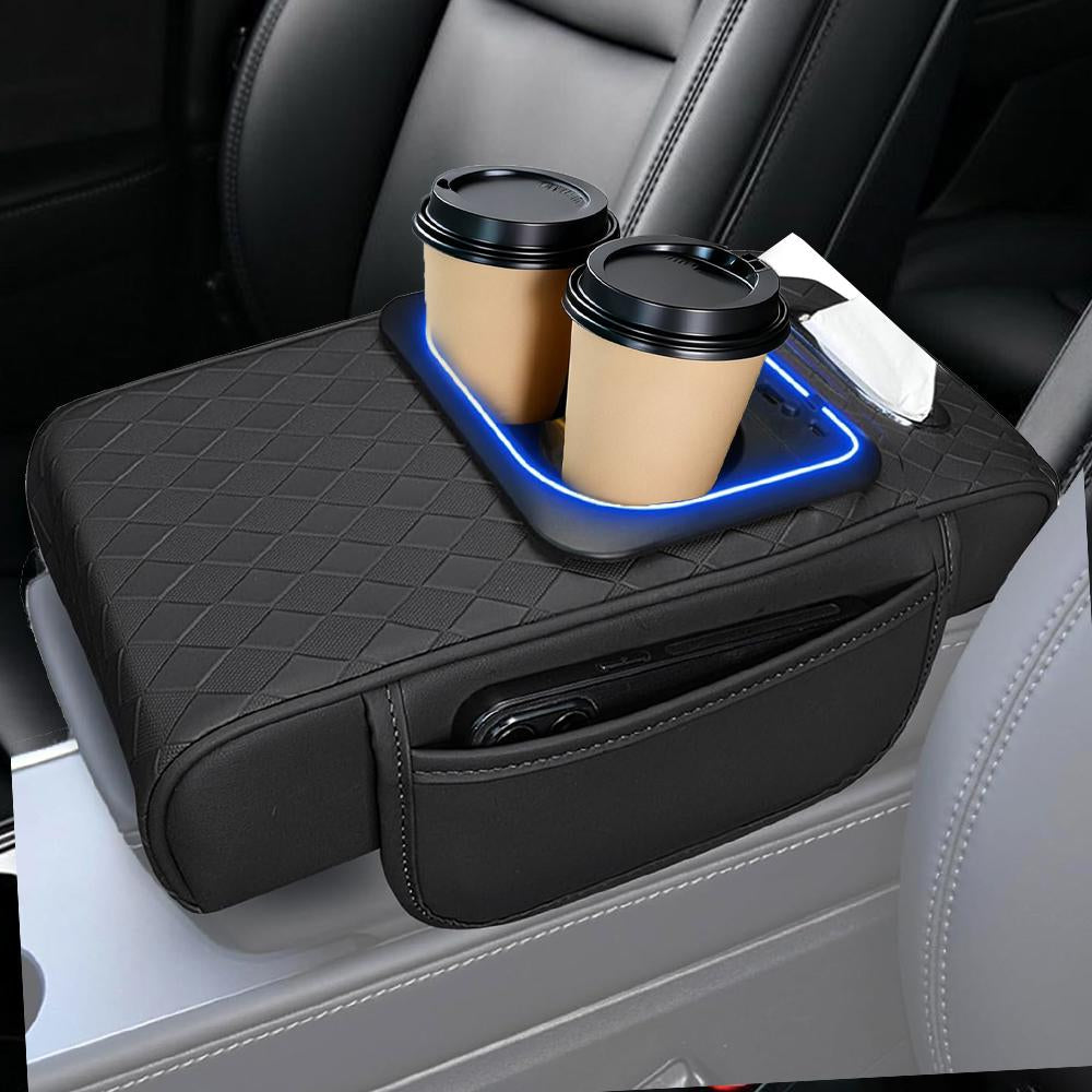 Car Center Console Cover, Armrest Pad with USB LED Light 2 Storage Pockets, Cup Holder, Phone Slot, Tissue Box Slot, Universal fit