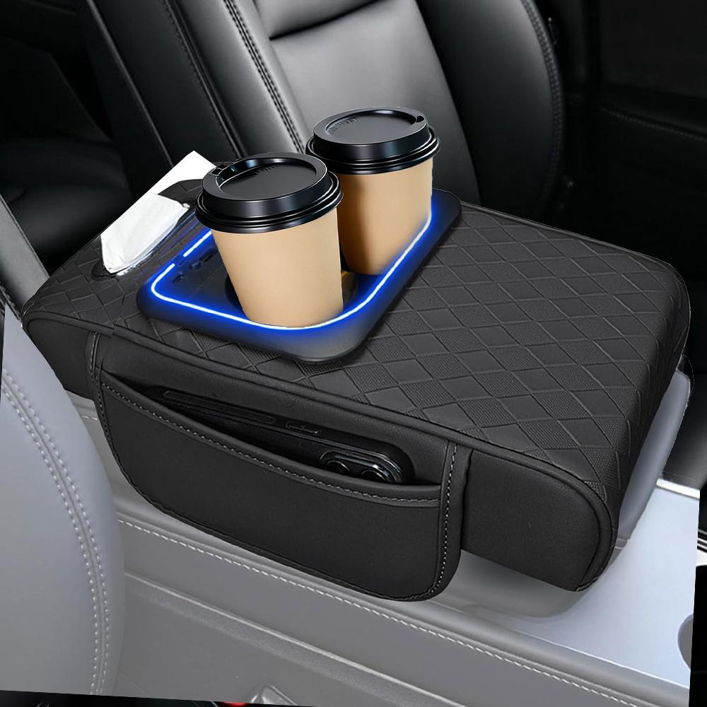 Car Center Console Cover, Armrest Pad with USB LED Light 2 Storage Pockets, Cup Holder, Phone Slot, Tissue Box Slot, Universal fit