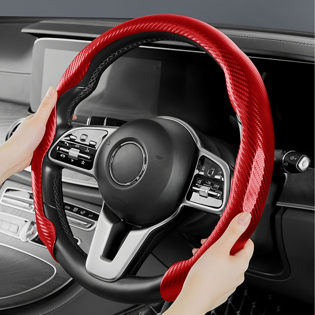 [10% off your first order]-Leather Carbon Fiber Steering Wheel Cover, Carbon Fiber Pattern Non-Slip Vehicle Universal Fit for 14.5-15In O/D Type Anti-Slip Durable Interior Upgrade Comfort Grip for Cars Trucks SUVs