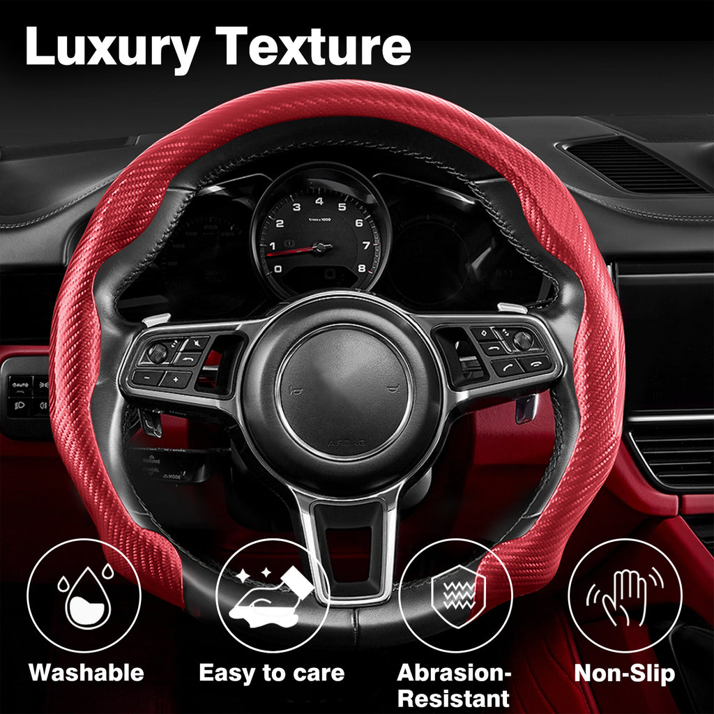 [10% off your first order]-Leather Carbon Fiber Steering Wheel Cover, Carbon Fiber Pattern Non-Slip Vehicle Universal Fit for 14.5-15In O/D Type Anti-Slip Durable Interior Upgrade Comfort Grip for Cars Trucks SUVs