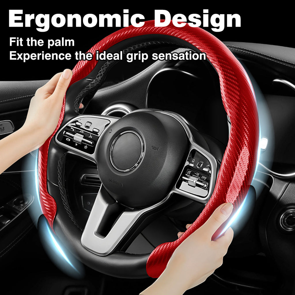 [10% off your first order]-Leather Carbon Fiber Steering Wheel Cover, Carbon Fiber Pattern Non-Slip Vehicle Universal Fit for 14.5-15In O/D Type Anti-Slip Durable Interior Upgrade Comfort Grip for Cars Trucks SUVs