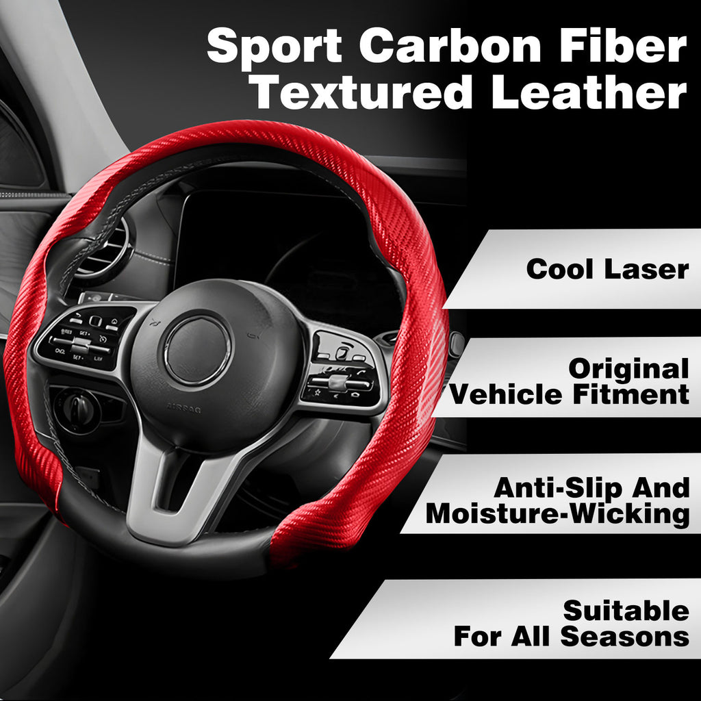 [10% off your first order]-Leather Carbon Fiber Steering Wheel Cover, Carbon Fiber Pattern Non-Slip Vehicle Universal Fit for 14.5-15In O/D Type Anti-Slip Durable Interior Upgrade Comfort Grip for Cars Trucks SUVs