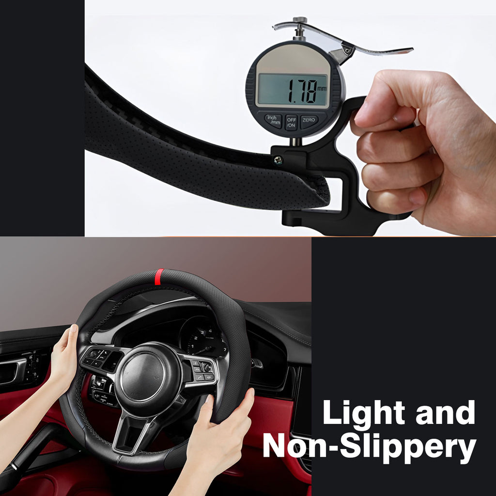 Steering Wheel Cover with Red Sporty Perforated Nappa Leather Stripes Universal Fit