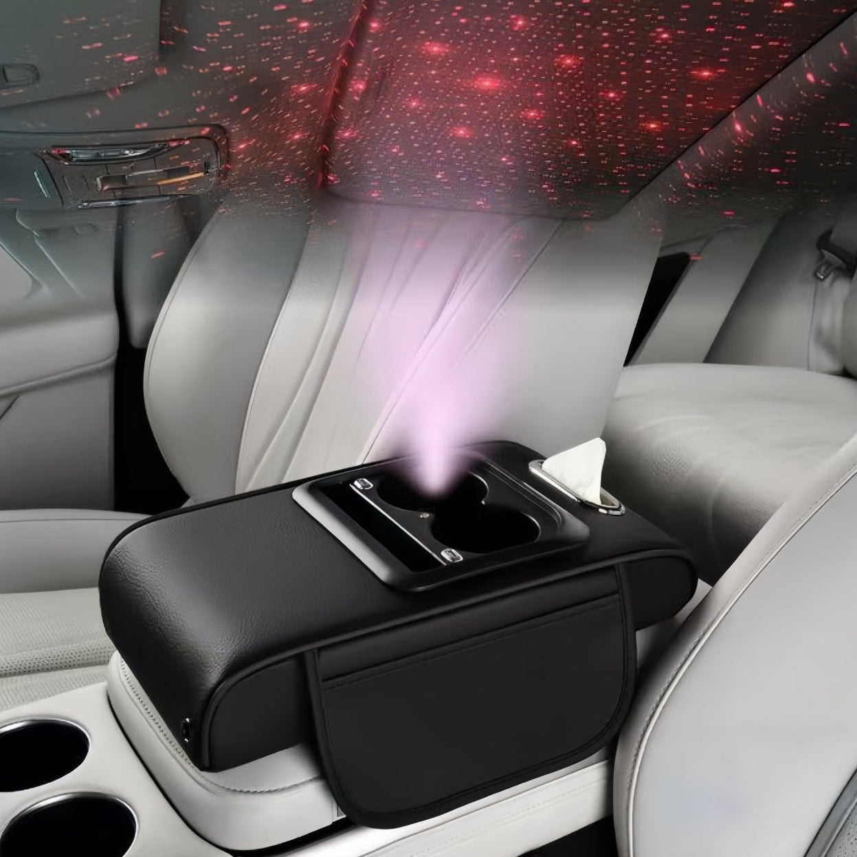 Car Center Console Cover, Armrest Pad with USB LED Light Projection 2 Storage Pockets, Cup Holder, Tissue Box Slot, Universal fit