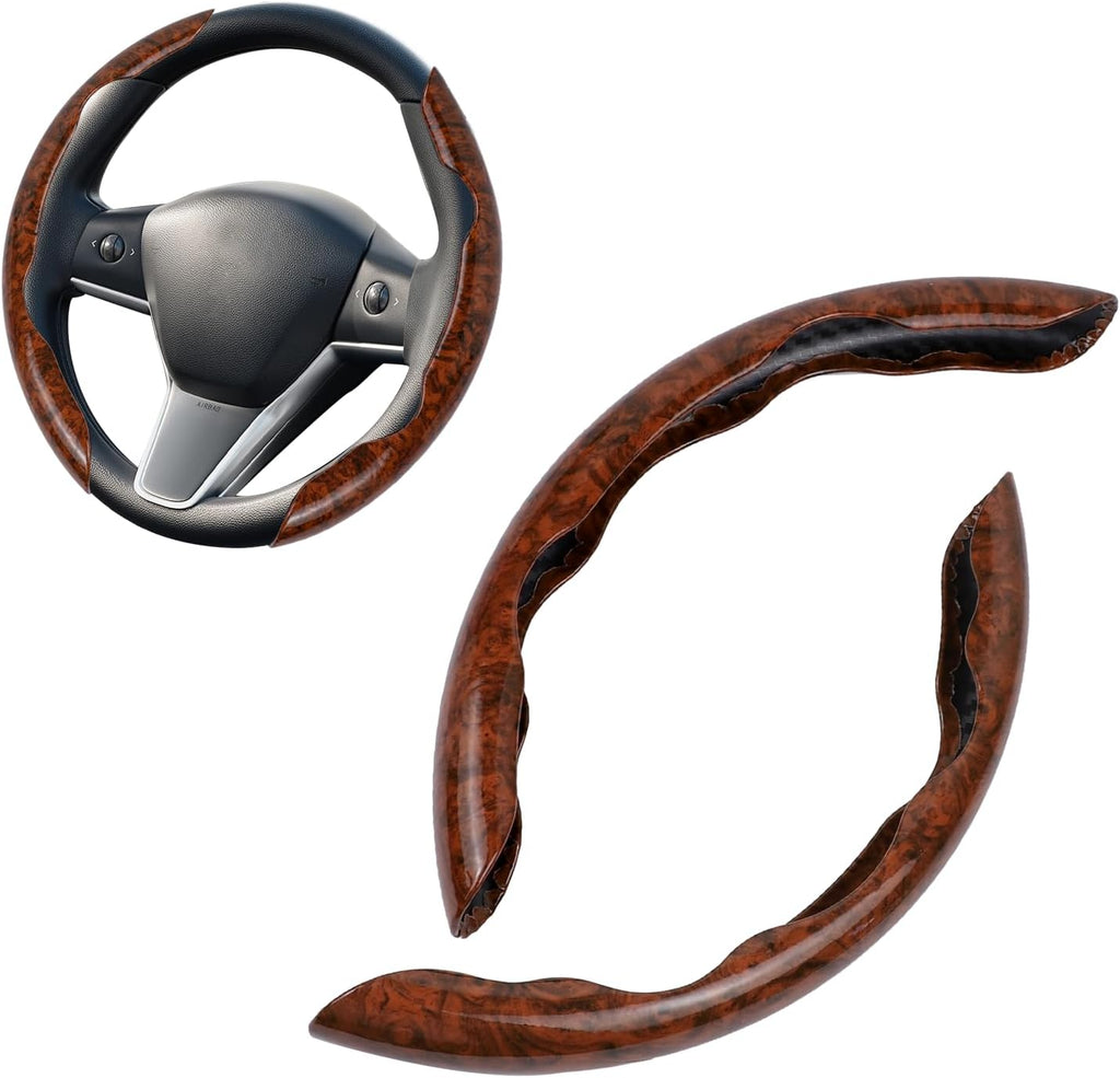 Wood Grain Steering Wheel Cover, Anti-Slip Segmented Car Interior Grip, Easy-Install Protector for 14.5–15 Inch Round Steering Wheels, Brown or Red