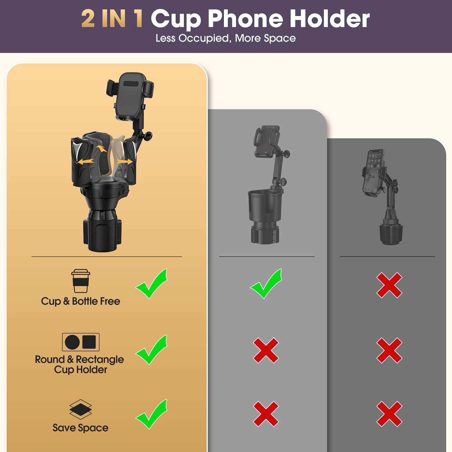 Cup Holder Phone Holder for Car, Adjustable with Rubber Grip, Secure Hold, Multi-Scenario Use for Drivers, Commuters & Road Trips, Universal Fit for Up to 5.31'' Drinks/Mugs/Foods