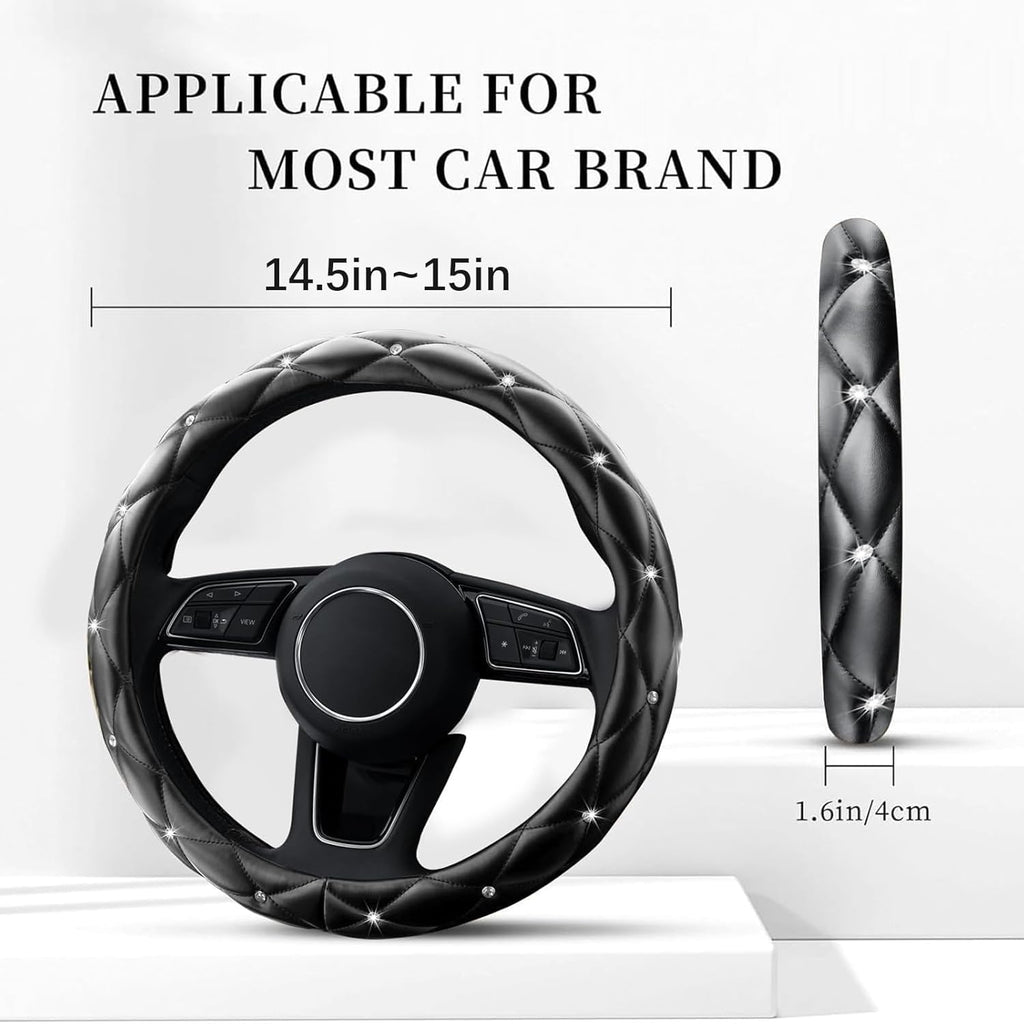 Leather Steering Wheel Cover, Studded Bling Diamond Steering Wheel Protector, Universal 14.5-15"