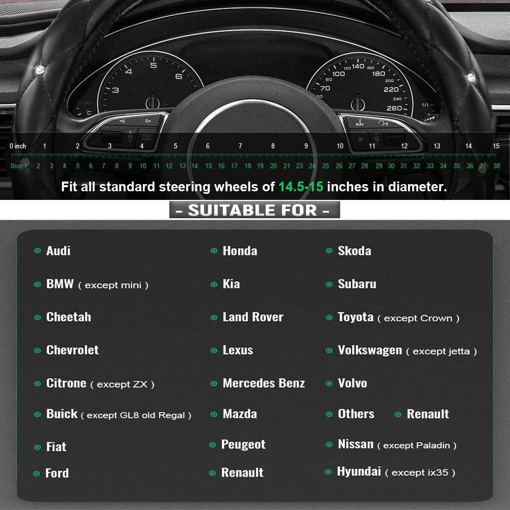 Leather Steering Wheel Cover, Studded Bling Diamond Steering Wheel Protector, Universal 14.5-15"