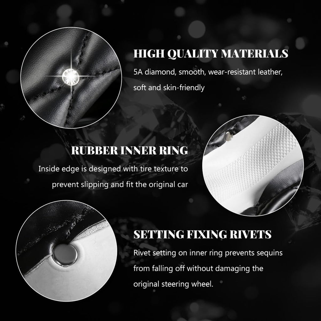 Leather Steering Wheel Cover, Studded Bling Diamond Steering Wheel Protector, Universal 14.5-15"