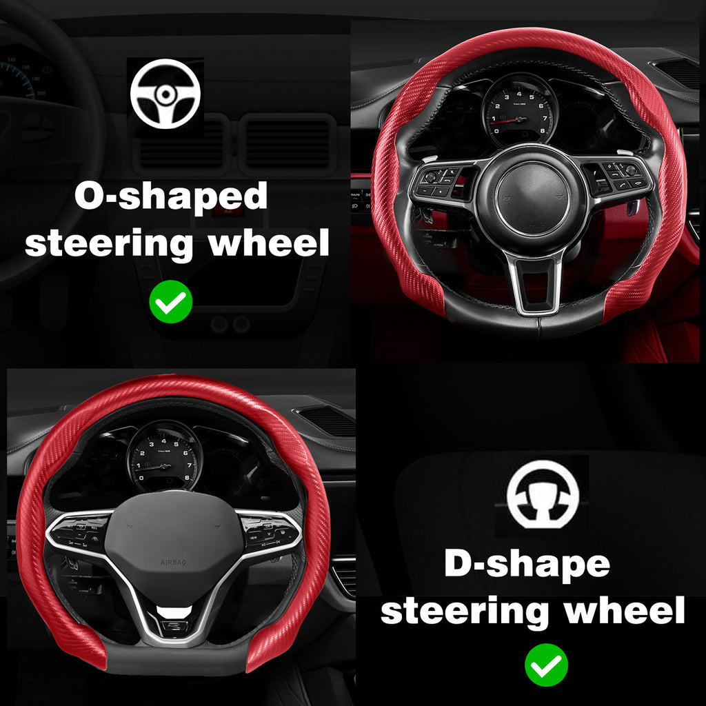 [10% off your first order]-Leather Carbon Fiber Steering Wheel Cover, Carbon Fiber Pattern Non-Slip Vehicle Universal Fit for 14.5-15In O/D Type Anti-Slip Durable Interior Upgrade Comfort Grip for Cars Trucks SUVs