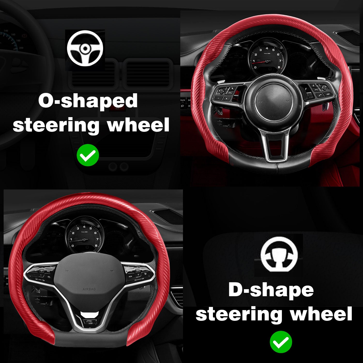 [10% off your first order]-Leather Carbon Fiber Steering Wheel Cover, Carbon Fiber Pattern Non-Slip Vehicle Universal Fit for 14.5-15In O/D Type Anti-Slip Durable Interior Upgrade Comfort Grip for Cars Trucks SUVs
