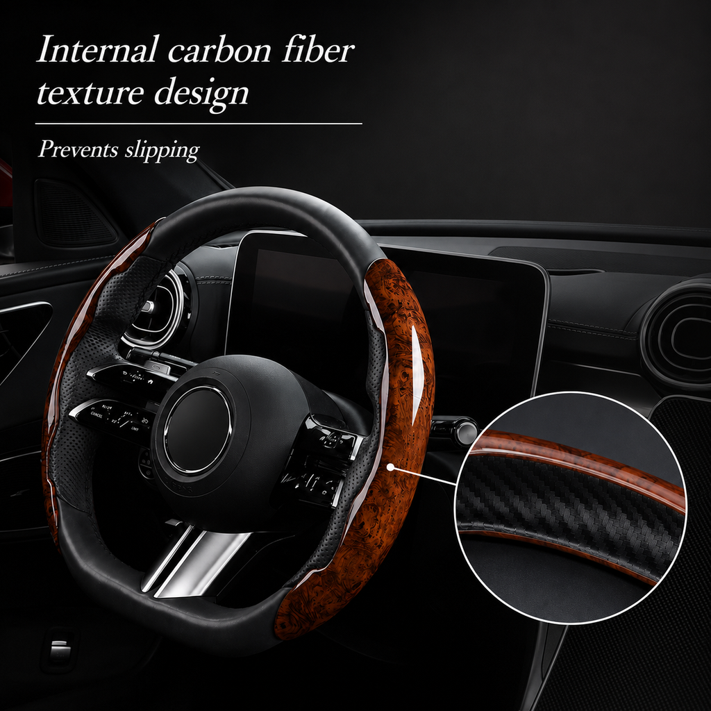 Wood Grain Steering Wheel Cover, Anti-Slip Segmented Car Interior Grip, Easy-Install Protector for 14.5–15 Inch Round Steering Wheels, Brown or Red