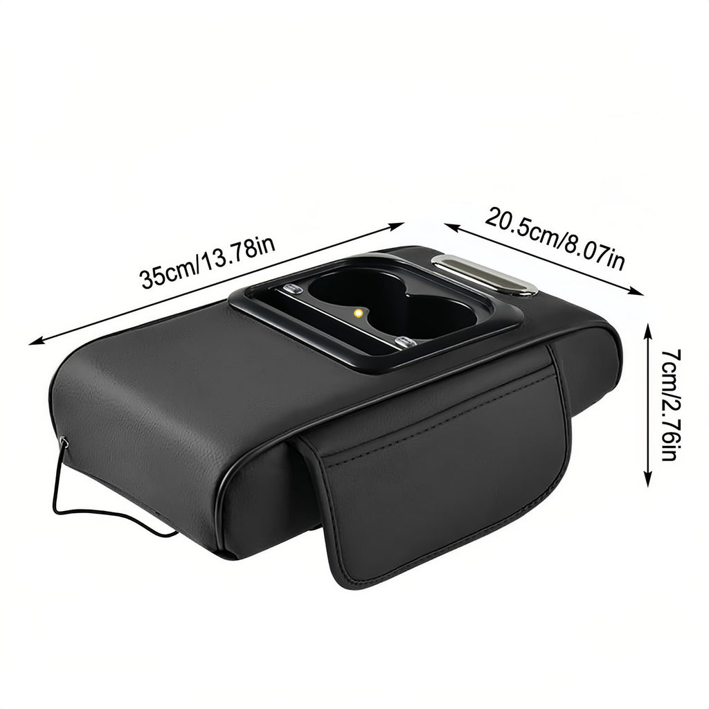 Car Center Console Cover, Armrest Pad with USB LED Light Projection 2 Storage Pockets, Cup Holder, Tissue Box Slot, Universal fit
