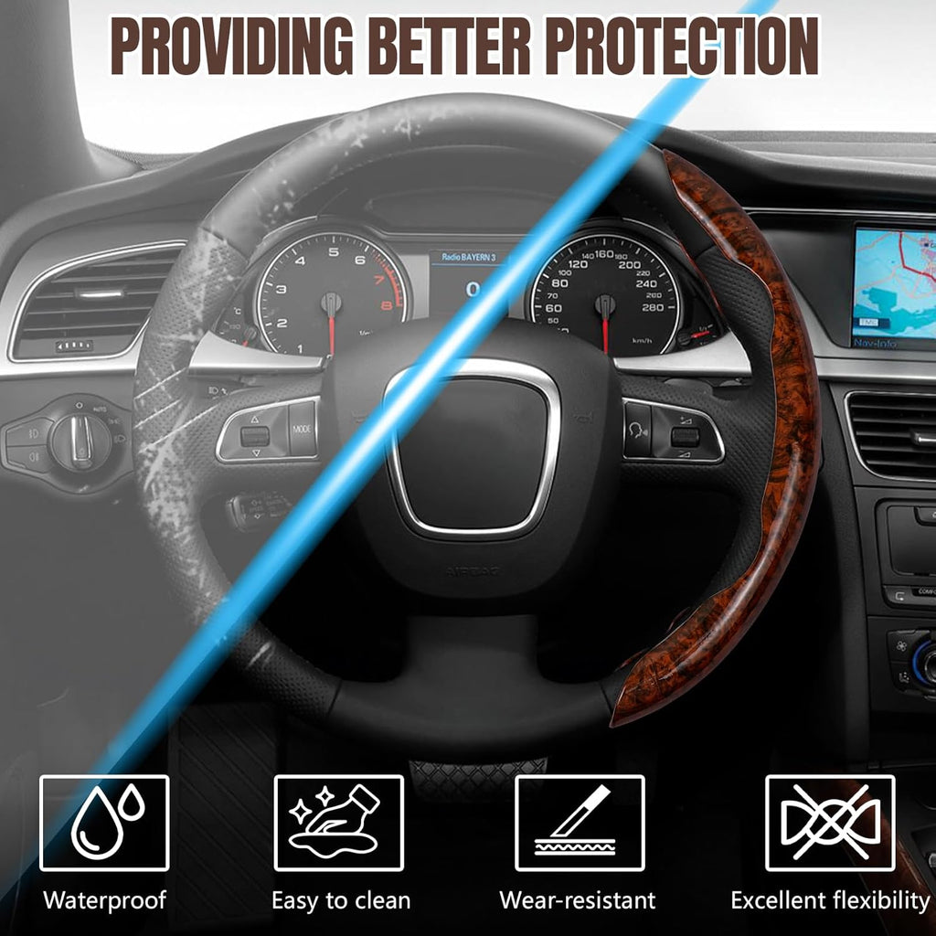 Wood Grain Steering Wheel Cover, Anti-Slip Segmented Car Interior Grip, Easy-Install Protector for 14.5–15 Inch Round Steering Wheels, Brown or Red